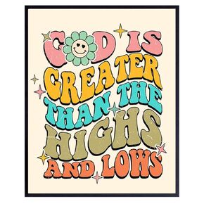 Retro Christian Wall Decor for Women - God is Greater Than The Highs And Lows - Girl Bedroom Boho Wall Art & Decor - Religious Gifts for Woman, Teens - 70s Scripture Bible Verse spiritual Home Decor
