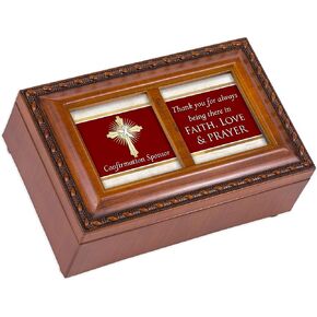 Cottage Garden Confirmation Sponsor Faith Love Prayer Woodgrain Rope Trim Petite Music Box Plays How Great Thou Art