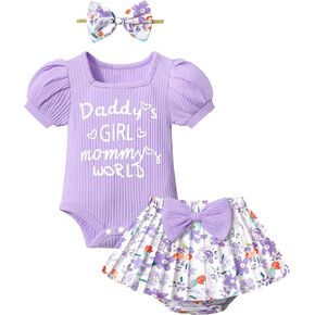 KANGKANG Baby Girl Clothes Summer Outfit Puff Short-sleeve Square Neck Romper + Floral Pleated Shorts Headband 3Pcs Set