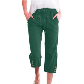 Womens Capris Pants High Waist Drawstring Comfy Casual Pants Casua Lightweight Loose Trousers Buttons Trim with Pockets