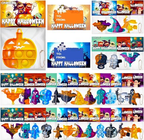 Halloween Party Favors, Halloween Pop Fidget Toys Pack,Halloween Supplies for Kids 4-8 8-12,Relieves Stress Anxiety Toys Pop Keychain Bulk,Classroom Rewards(24 PCS Keychain Toys+24 PCS Greeting Card) in Kuwait
