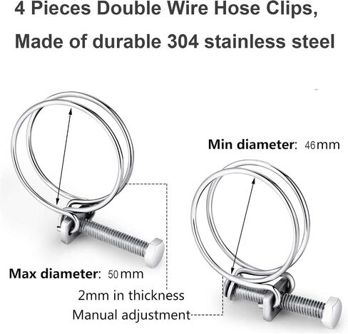4 Pcs Double Wire Hose Clips Adjustable 304 Stainless Steel Hose Clamps Pond Hose Joint to Fit 36-40mm/ 1.41-1.57 inch Pipe in Saudi Arabia
