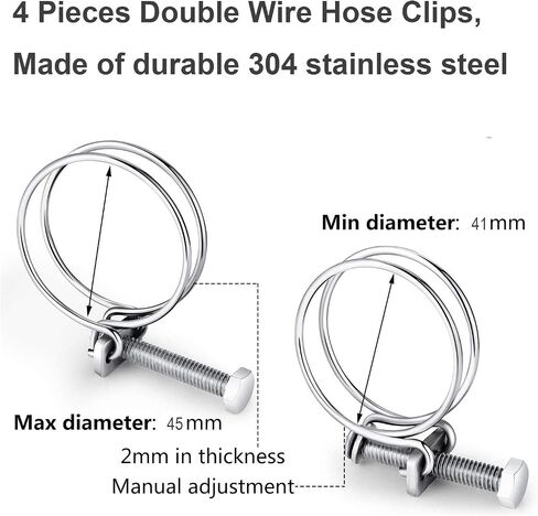 4 Pcs Double Wire Hose Clips Adjustable 304 Stainless Steel Hose Clamps Pond Hose Joint to Fit 36-40mm/ 1.41-1.57 inch Pipe in Saudi Arabia