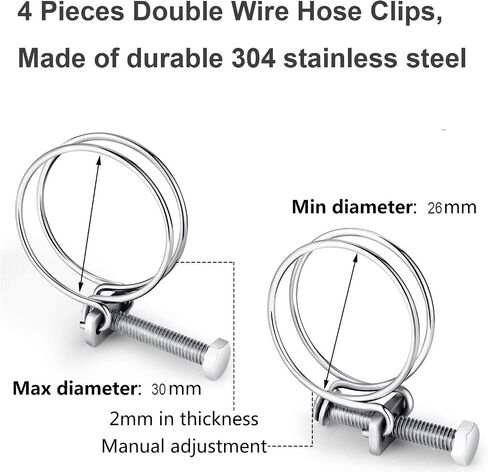 4 Pcs Double Wire Hose Clips Adjustable 304 Stainless Steel Hose Clamps Pond Hose Joint to Fit 36-40mm/ 1.41-1.57 inch Pipe in Saudi Arabia