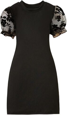 Girl's Floral Mesh Puff Sleeve Bodycon Dress Cute Ribbed Knit Short Sleeve Summer Pencil Dresses in Saudi Arabia