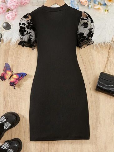Girl's Floral Mesh Puff Sleeve Bodycon Dress Cute Ribbed Knit Short Sleeve Summer Pencil Dresses in Saudi Arabia