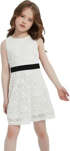 Bobo Bloom Toddler Girls Dress Summer Sleeveless Casual A-line Floral Lace Girl Party Belt Dress for 4-12 Years in Kuwait