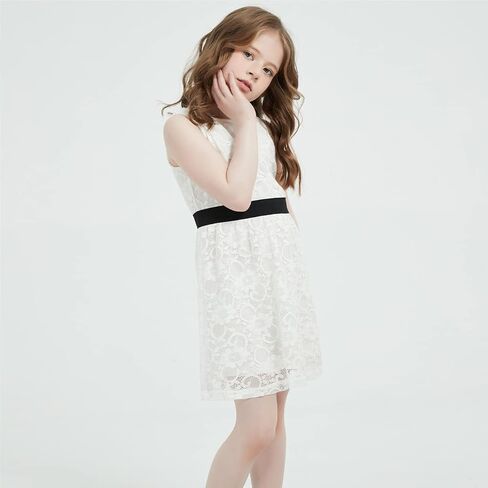 Bobo Bloom Toddler Girls Dress Summer Sleeveless Casual A-line Floral Lace Girl Party Belt Dress for 4-12 Years in Kuwait