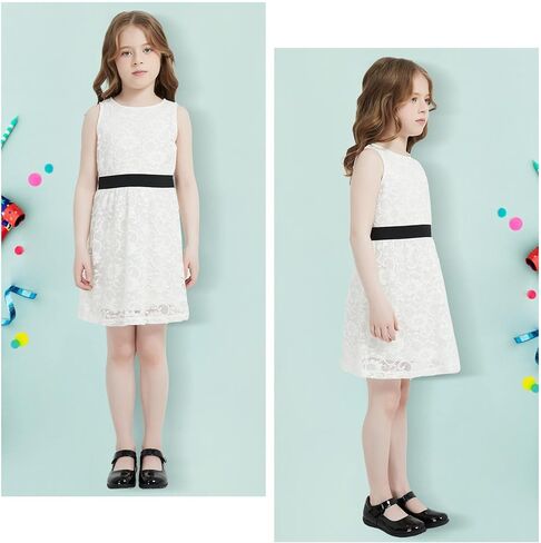 Bobo Bloom Toddler Girls Dress Summer Sleeveless Casual A-line Floral Lace Girl Party Belt Dress for 4-12 Years in Kuwait