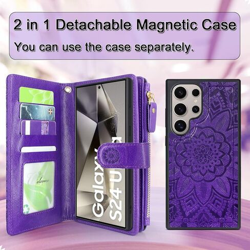 Harryshell Detachable Magnetic Zipper Wallet Leather Case with Cash Coin Pocket 12 Card Slots Holder Wrist Strap Lanyard for Samsung Galaxy S24 Ultra 5G 6.8 inch (2024) (Flower Blue Green) in Kuwait