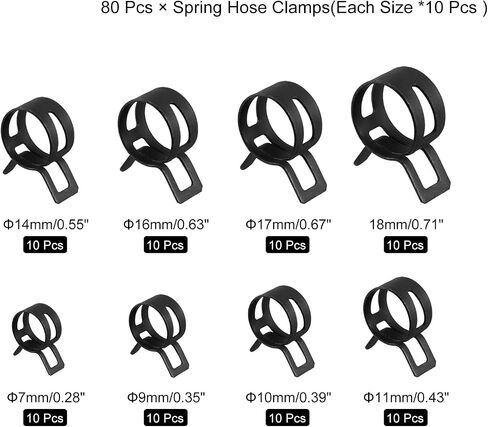 uxcell 80Pcs 7-18mm 8 Size Spring Band Type Action Fuel/Silicone Vacuum Hose Pipe Clamp Low Pressure Air Clip Clamp Assortment Kits 7mm 9mm 10mm 11mm 14mm 16mm 17mm 18mm, Black in Saudi Arabia