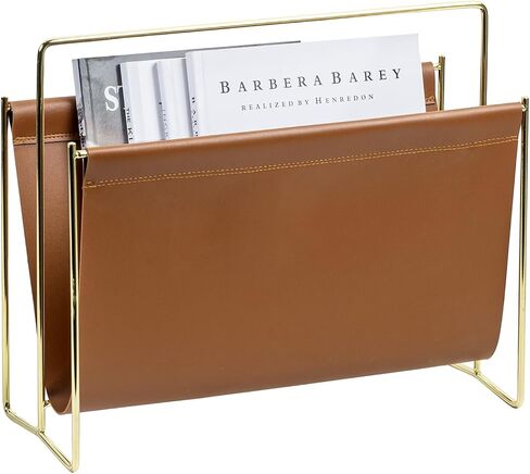 MyGift 15 inch Modern Caramel Leatherette Magazine Holder, Floor Standing Literature Sling Style Rack with Brass Tone Metal Frame in Saudi Arabia