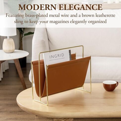 MyGift 15 inch Modern Caramel Leatherette Magazine Holder, Floor Standing Literature Sling Style Rack with Brass Tone Metal Frame in Saudi Arabia