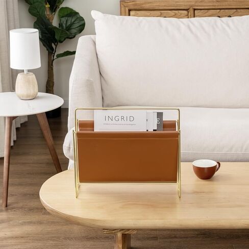 MyGift 15 inch Modern Caramel Leatherette Magazine Holder, Floor Standing Literature Sling Style Rack with Brass Tone Metal Frame in Saudi Arabia