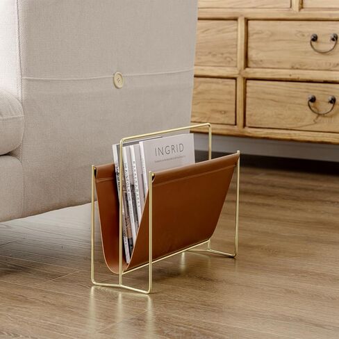 MyGift 15 inch Modern Caramel Leatherette Magazine Holder, Floor Standing Literature Sling Style Rack with Brass Tone Metal Frame in Saudi Arabia