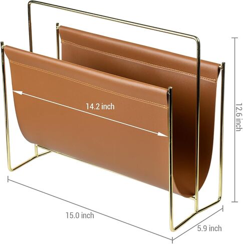 MyGift 15 inch Modern Caramel Leatherette Magazine Holder, Floor Standing Literature Sling Style Rack with Brass Tone Metal Frame in Saudi Arabia