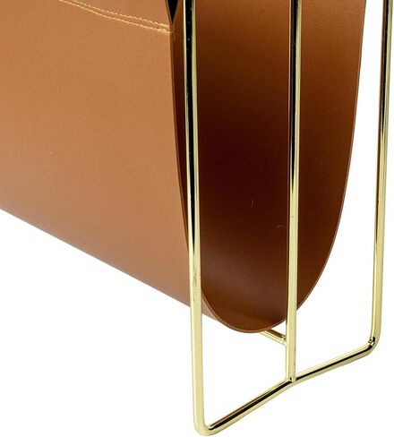 MyGift 15 inch Modern Caramel Leatherette Magazine Holder, Floor Standing Literature Sling Style Rack with Brass Tone Metal Frame in Saudi Arabia
