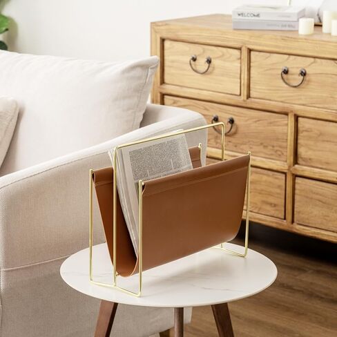 MyGift 15 inch Modern Caramel Leatherette Magazine Holder, Floor Standing Literature Sling Style Rack with Brass Tone Metal Frame in Saudi Arabia