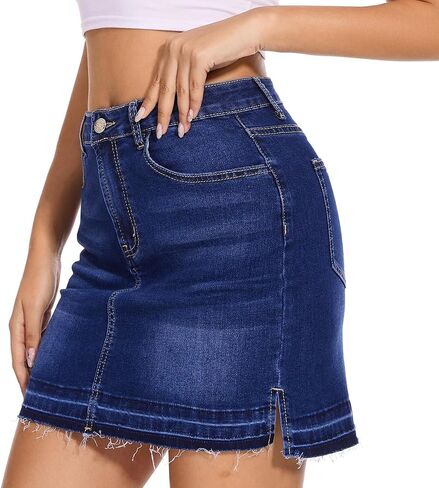 VIPONES Women Denim Skirt High Waist Raw Hem Stretch Ripped Casual Mini Jean Skirts in Saudi Arabia
