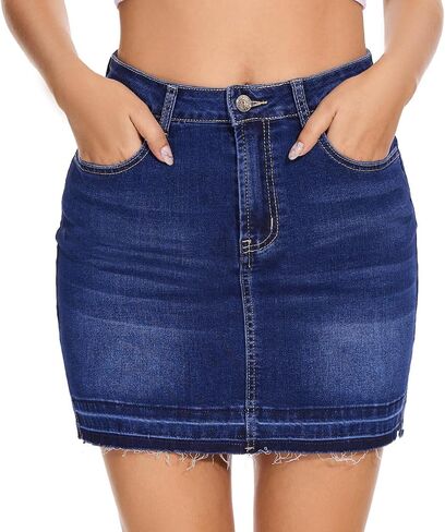 VIPONES Women Denim Skirt High Waist Raw Hem Stretch Ripped Casual Mini Jean Skirts in Saudi Arabia