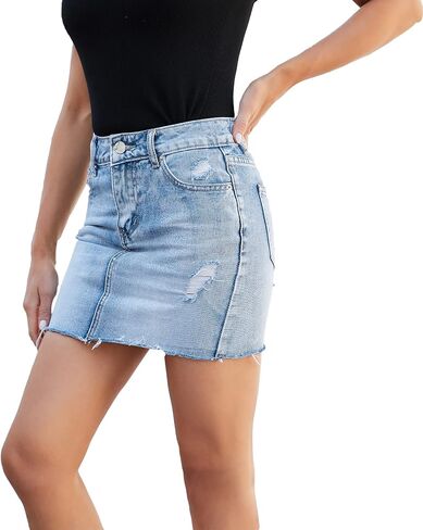 VIPONES Women Denim Skirt High Waist Raw Hem Stretch Ripped Casual Mini Jean Skirts in Saudi Arabia