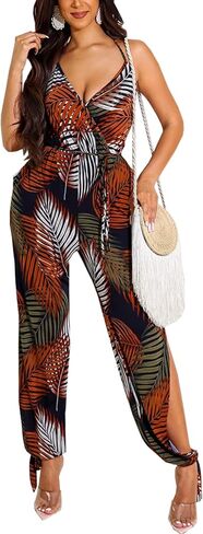 HugeNice Women's Casual Jumpsuits Sexy V Neck Loose Wide Leg Long Pants Clubwear Romper with Belt in Saudi Arabia