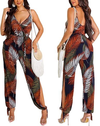 HugeNice Women's Casual Jumpsuits Sexy V Neck Loose Wide Leg Long Pants Clubwear Romper with Belt in Saudi Arabia