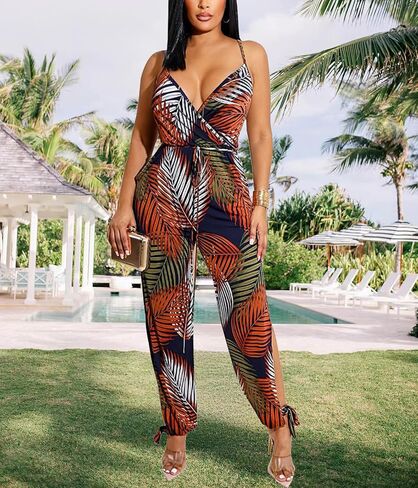 HugeNice Women's Casual Jumpsuits Sexy V Neck Loose Wide Leg Long Pants Clubwear Romper with Belt in Saudi Arabia