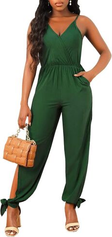 HugeNice Women's Casual Jumpsuits Sexy V Neck Loose Wide Leg Long Pants Clubwear Romper with Belt in Saudi Arabia