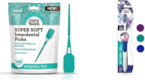 GuruNanda Interdental Picks (Pack of 100), Super Soft & Flexible Rubber Bristles, Dental Floss Picks to Remove Food Debris, Plaque & Go Gentle on Gums in Kuwait