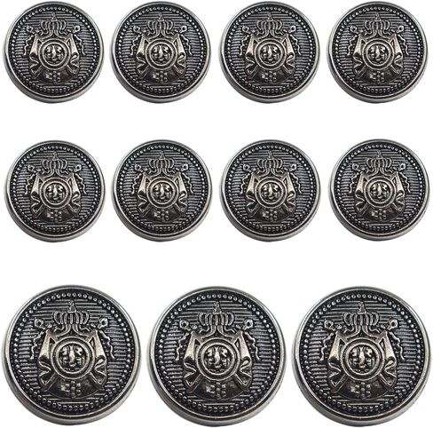 مجموعة أزرار بليزر معدنية سوداء فضية عتيقة مكونة من 11 قطعة - تاج - للسترة والبدلات والمعطف الرياضي والزي الرسمي والسترة (أسود فضي) in Kuwait