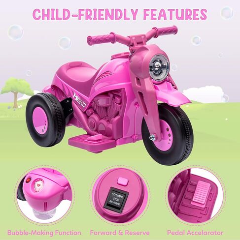 دراجة نارية للأطفال مع وظيفة الفقاعات، باتيكوين 6 فولت فقاعة دراجة نارية للركوب على لعبة سيارة للأطفال مع مصابيح أمامية LED، موسيقى، للأمام/الاحتياطي، دواسة، 3 عجلات للركوب على دراجة نارية للأطفال 3-8 بنين بنات، وردي in Kuwait