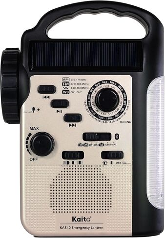 Kaito KA340 فانوس تخييم LED قابل لإعادة الشحن بخمسة اتجاهات وراديو تنبيه للطوارئ AM/FM/SW NOAA مع بلوتوث، مصباح يدوي، شاحن هاتف محمول USB 5 فولت، مشغل MP3 وصفارة إنذار (ذهبي) in Kuwait