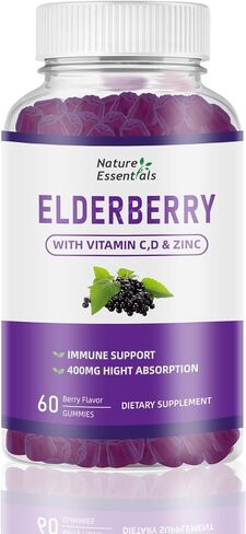 Sambucus Elderberry Gummies، مكملات الزنك، علكات للبالغين والأطفال مع فيتامينات C، فيتامين D3، خالي من الغلوتين، خالي من السكر، نكهة التوت الطبيعية in Saudi Arabia