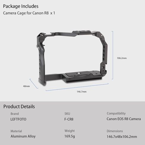 LEFTFOTO Camera Cage for Canon R8 - Camera Protection Frame Rig for EOS R8 with Arca Base,Cold Shoe,Strap Slot,1/4 3/8 in Screw Holes,Compatibility with DJI RS2 3 Stabilizer- for Vlog Video Shooting in Saudi Arabia