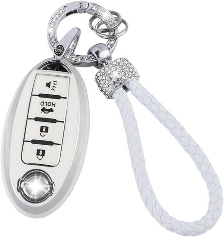 UHONSN for Nissan Key Fob Cover 4 Button Auto Start Soft TPU Smart Keyless Case Keys Protector Chain Cute Car Accessories Girly White in Saudi Arabia