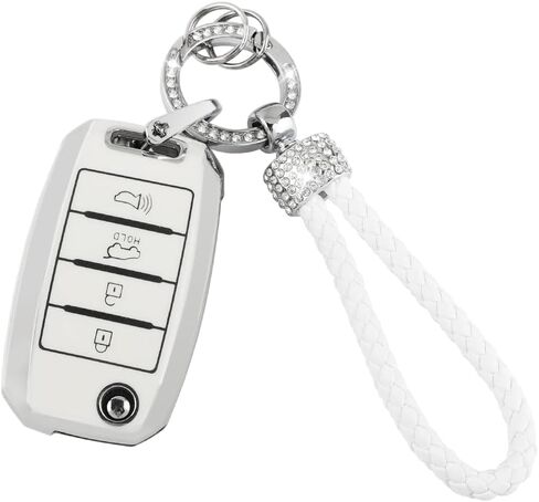 UHONSN for Nissan Key Fob Cover 4 Button Auto Start Soft TPU Smart Keyless Case Keys Protector Chain Cute Car Accessories Girly White in Saudi Arabia