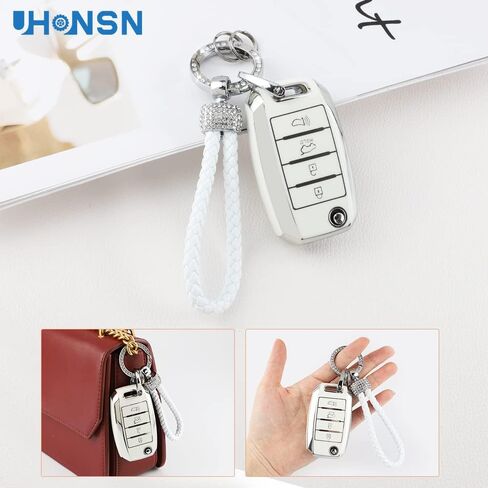 UHONSN for Nissan Key Fob Cover 4 Button Auto Start Soft TPU Smart Keyless Case Keys Protector Chain Cute Car Accessories Girly White in Saudi Arabia