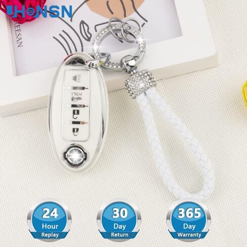 UHONSN for Nissan Key Fob Cover 4 Button Auto Start Soft TPU Smart Keyless Case Keys Protector Chain Cute Car Accessories Girly White in Saudi Arabia