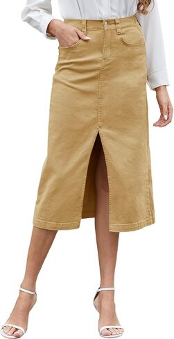 Women's Cargo Midi Skirt High Elastic Waist Front Slit Vintage Style Trendy Long Solid Skirts for Women in Saudi Arabia
