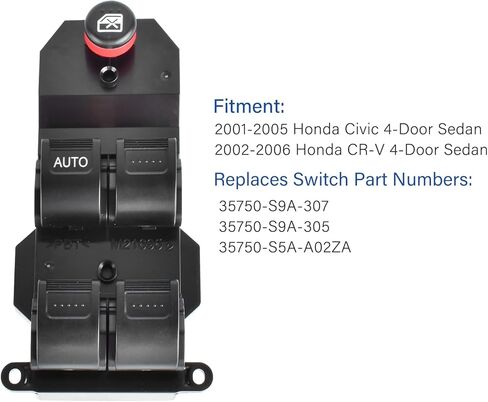 مفتاح نافذة رئيسي لجانب السائق لسيارة Honda Civic 2001-2005، Honda CR-V 2002-2006، استبدل OE #35750-S9A-305 in Kuwait