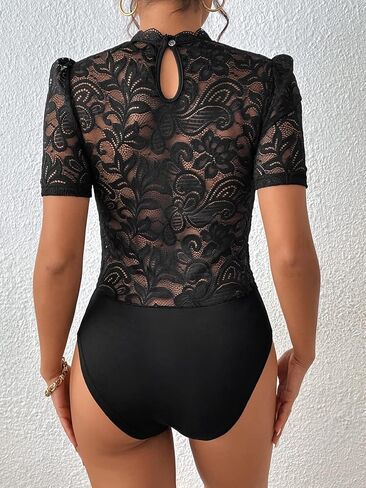 OYOANGLE Women's Elegant Floral Lace Bodysuit Short Sleeve Mock Neck Elegant Jumpsuits in Saudi Arabia