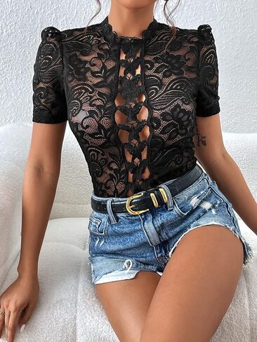 OYOANGLE Women's Elegant Floral Lace Bodysuit Short Sleeve Mock Neck Elegant Jumpsuits in Saudi Arabia