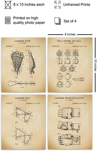 Lacrosse Patent Art Prints - Vintage Wall Art Poster Set - Chic Rustic Home Decor for Boys, Kids, Teens Room, Office, Man Cave, Dorm, Family or Game Room - Gift for Sports Fans - 8x10 Photo - Unframed in Saudi Arabia