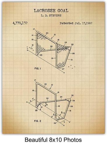 Lacrosse Patent Art Prints - Vintage Wall Art Poster Set - Chic Rustic Home Decor for Boys, Kids, Teens Room, Office, Man Cave, Dorm, Family or Game Room - Gift for Sports Fans - 8x10 Photo - Unframed in Saudi Arabia
