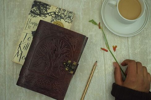 OVERDOSE Handcrafted Blue Flower Antique Leather Journal with Treasure Key Closure For Students, Office Bound Leather for men & women Sketchbook Notebook Diary - 5 x 7 inches | 12 x 17 cm | A6 in Saudi Arabia