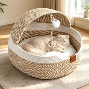 Cat Bed Basket with Cushion, Stimuli Cat Handwoven Cave Bed Hooded Basket in Kuwait