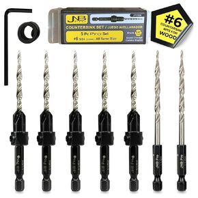 JNB Pro Wood Countersink Drill Bit Set - 5 Pc Adjustable Countersink Bit #6(9/64") - All Same Size - 2 Extra 9/64 Tapered Drill Bit, 1 Adjust. Collar, 1 Wrench - 1/4" Quick Change Shank - Countersink in Saudi Arabia