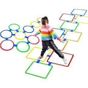 Hopscotch Squares and Hopscotch Ring Games 11in/ 15in with 30 Connectors for Kids Balance Agility Training Obstacle Course, Indoor Outdoor Backyard Activity, Birthday Fun Play for Boys Girls in Saudi Arabia