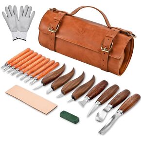 IMYMEE Deluxe Wood Carving Kit - 21Pcs Wood Carving Tools with Leather Storage Bag,Wood Carving Tools Set with 8Pcs Whittling Knives, 8Pcs Detail Carving Knives,Wood Whittling Kit for Beginners in Kuwait